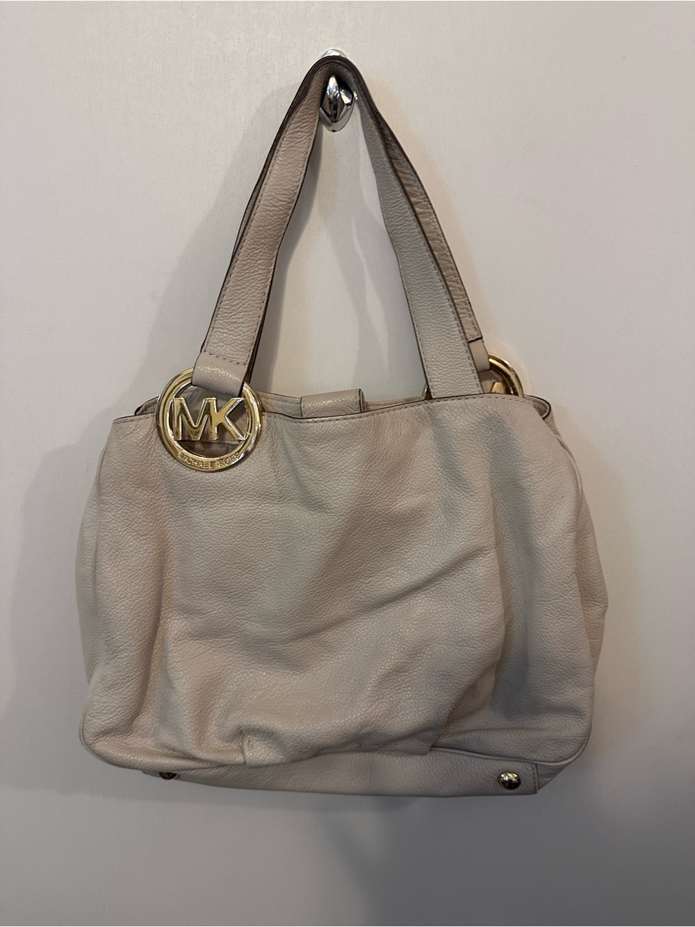 Michael Kors Pebbled Leather Shoulder Bag in Light Taupe with Gold Hardware